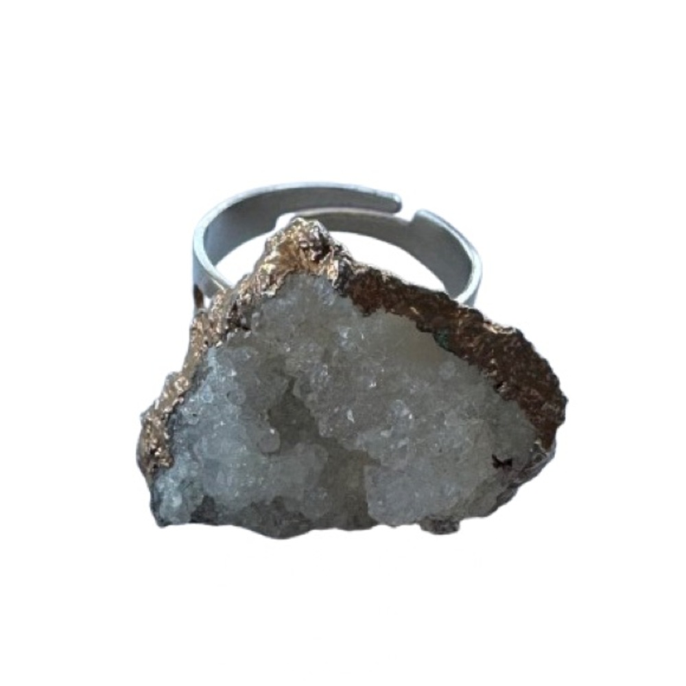 White Druzy Crystal Quartz Gold Plated Adjustable Ring Size 8 Boho Festival